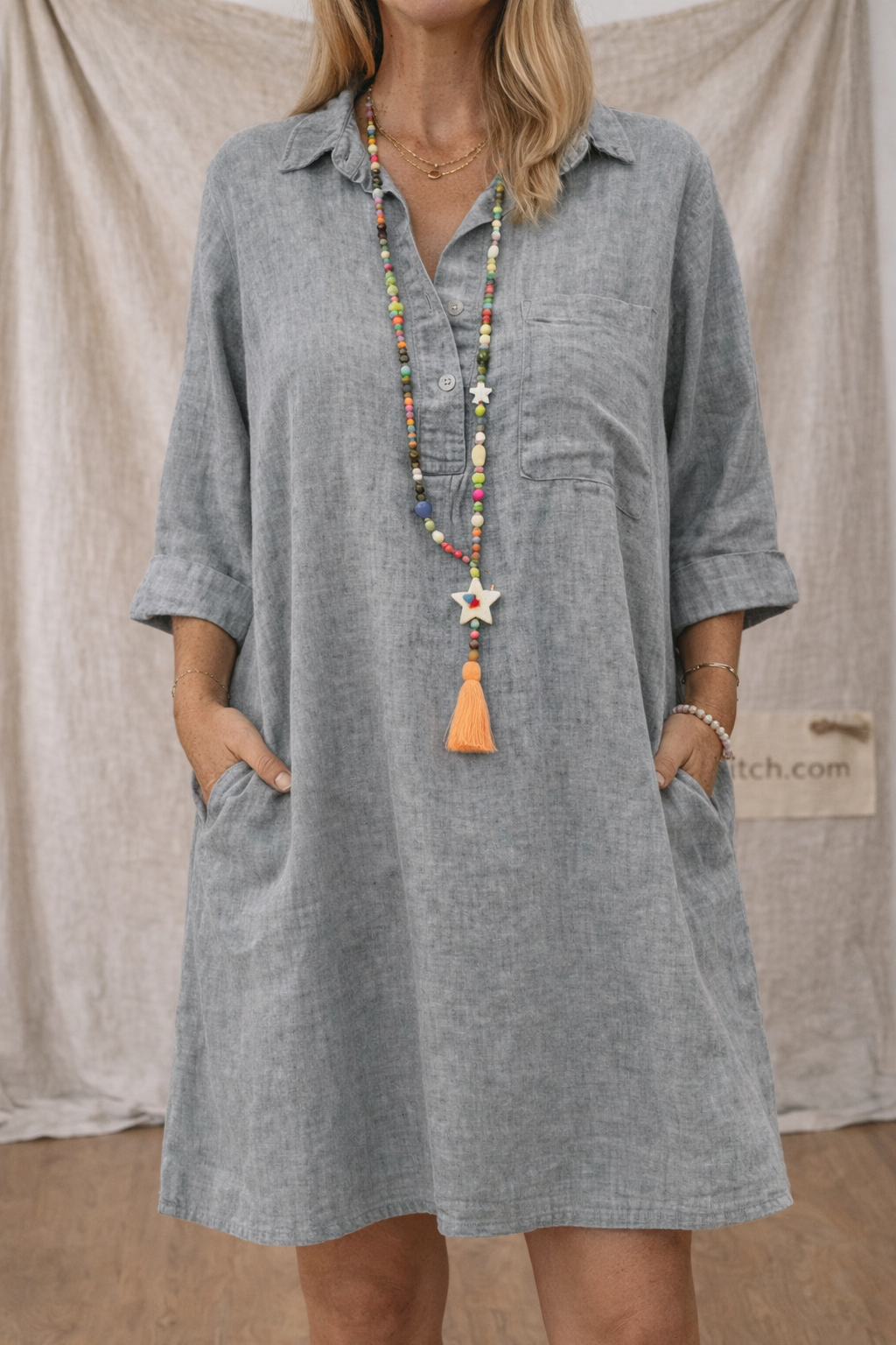 Linen Button Detail Loose Shirt Dress with Pockets