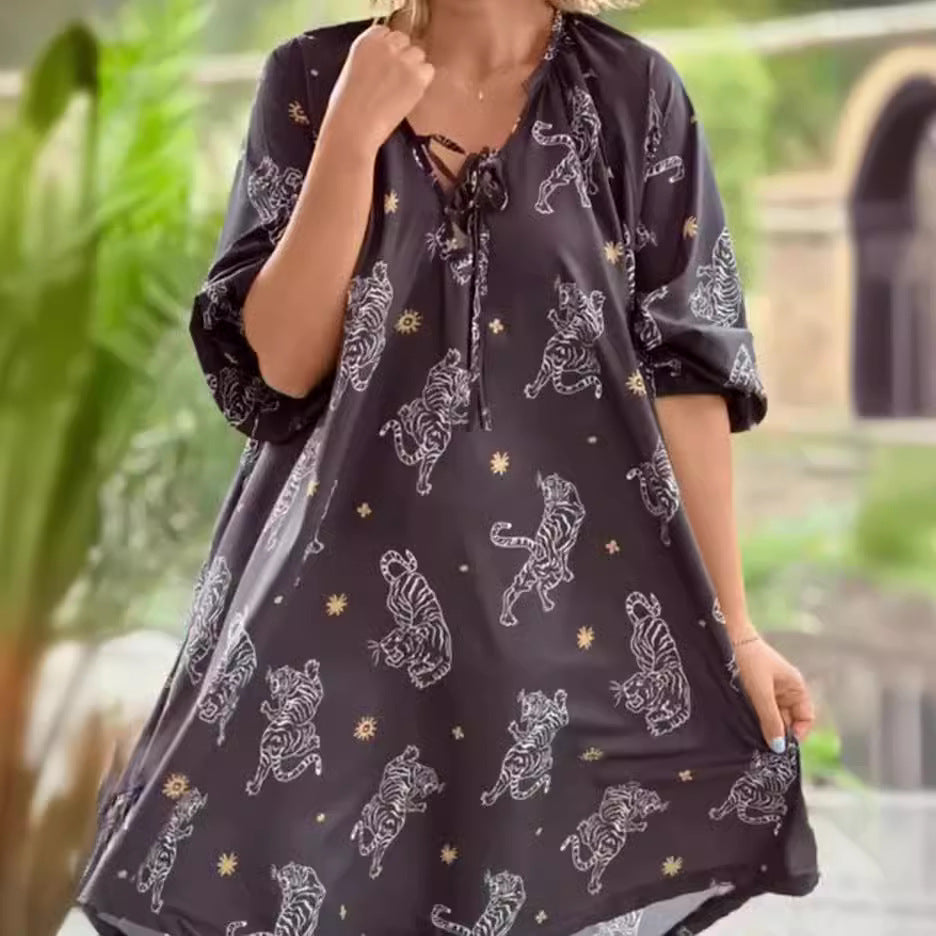 Women's V-neck Short Sleeve Printed Loose Casual Plus Size Dress