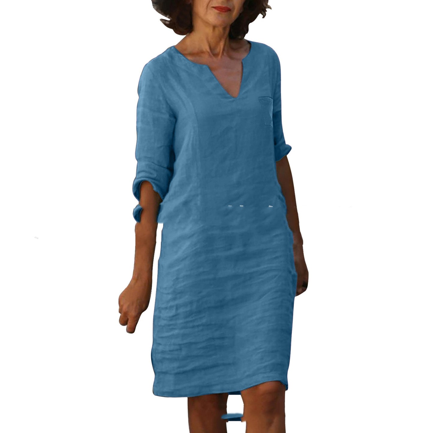 European And American Style With Pockets Spring And Summer Wash Wrinkle Small V-neck Dress