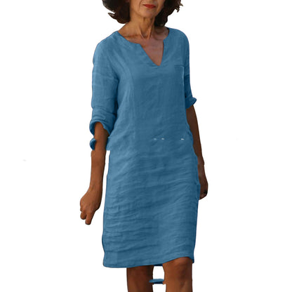 European And American Style With Pockets Spring And Summer Wash Wrinkle Small V-neck Dress