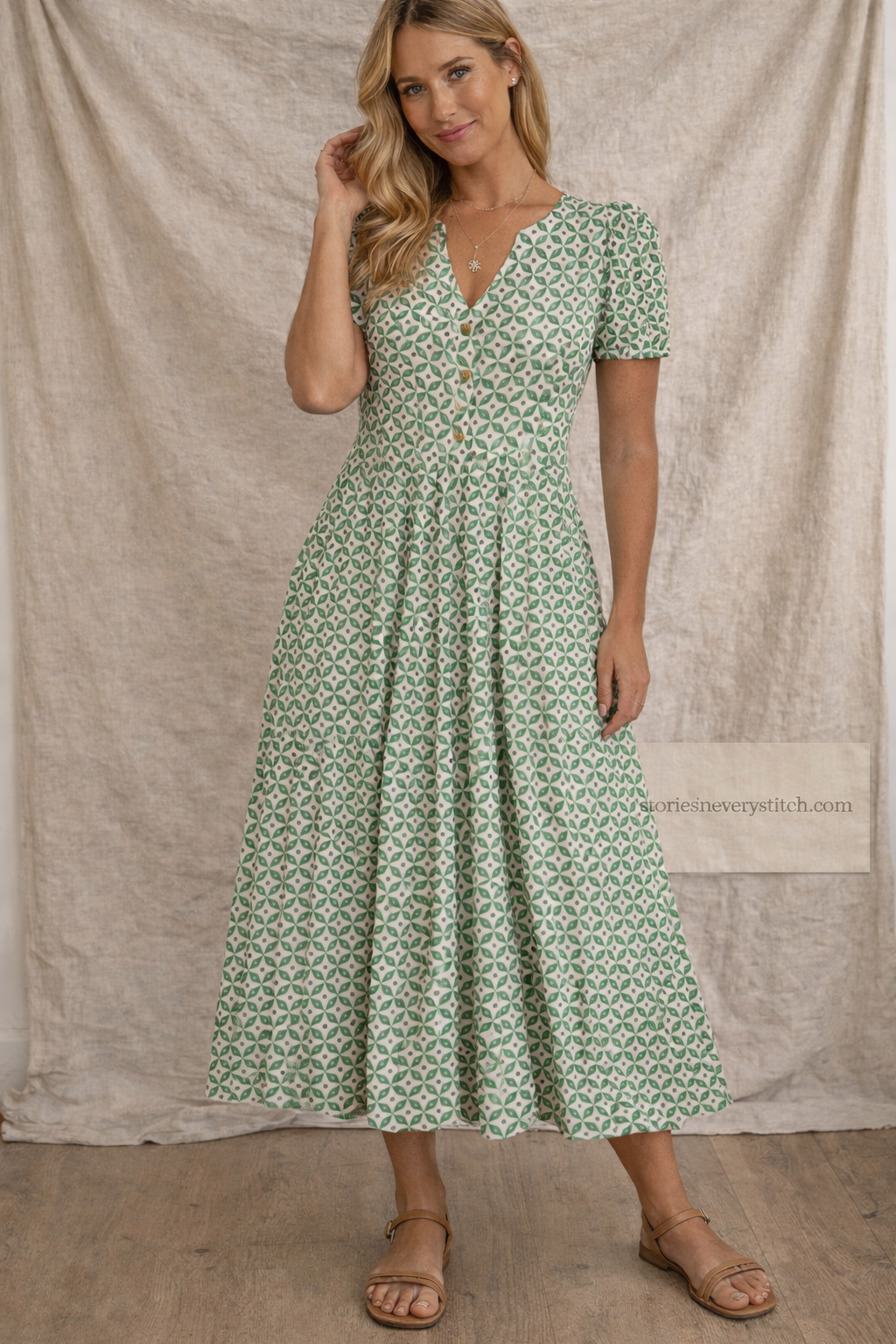 Printed V-Neck Midi Dress