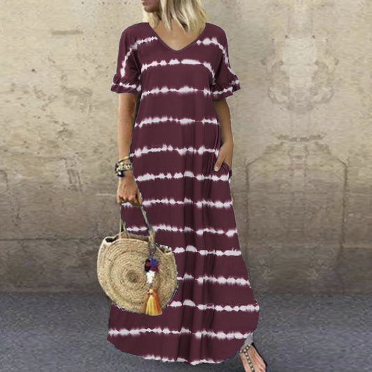 Women's Ruffle Sleeve Striped Print Long Dress Plus Size Casual Skirt