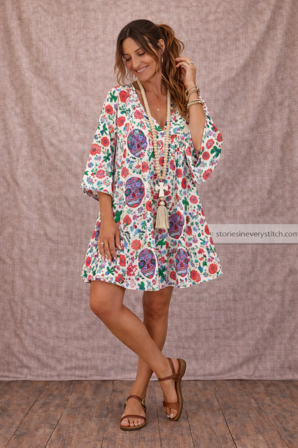 Boho Printed V-Neck Ruffle Hem Dress