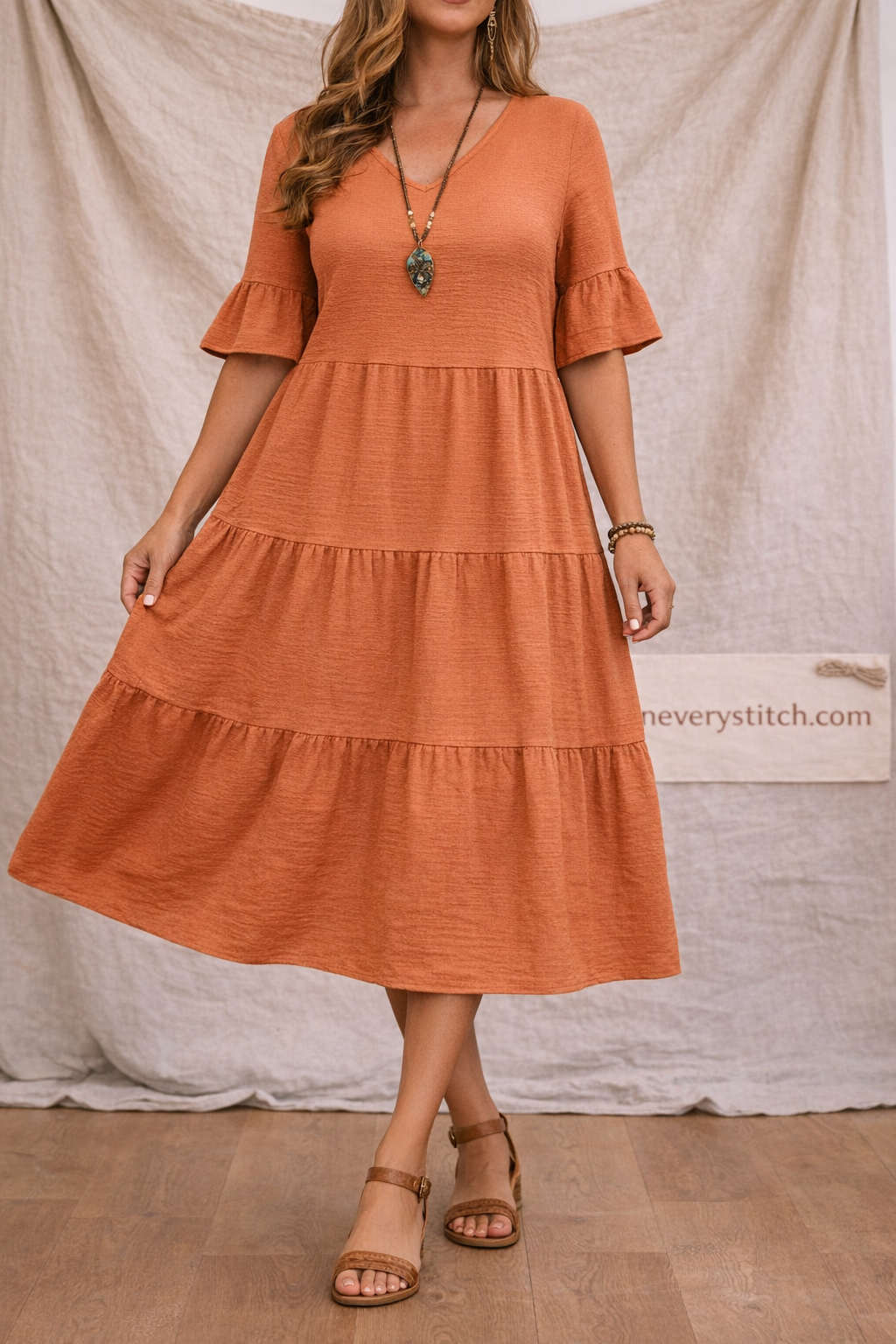Classic Tiered Ruffle Sleeve Midi Dress