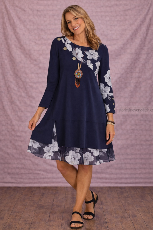 Women’s Floral Patchwork Mini Dress – Long Sleeve Casual Layered Dress