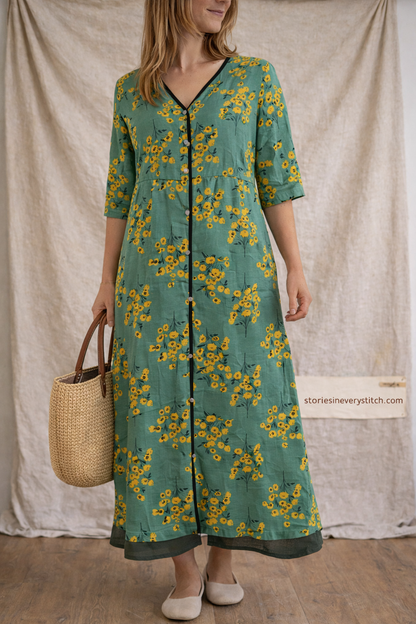 Vintage Bloom Button-Front Maxi Dress