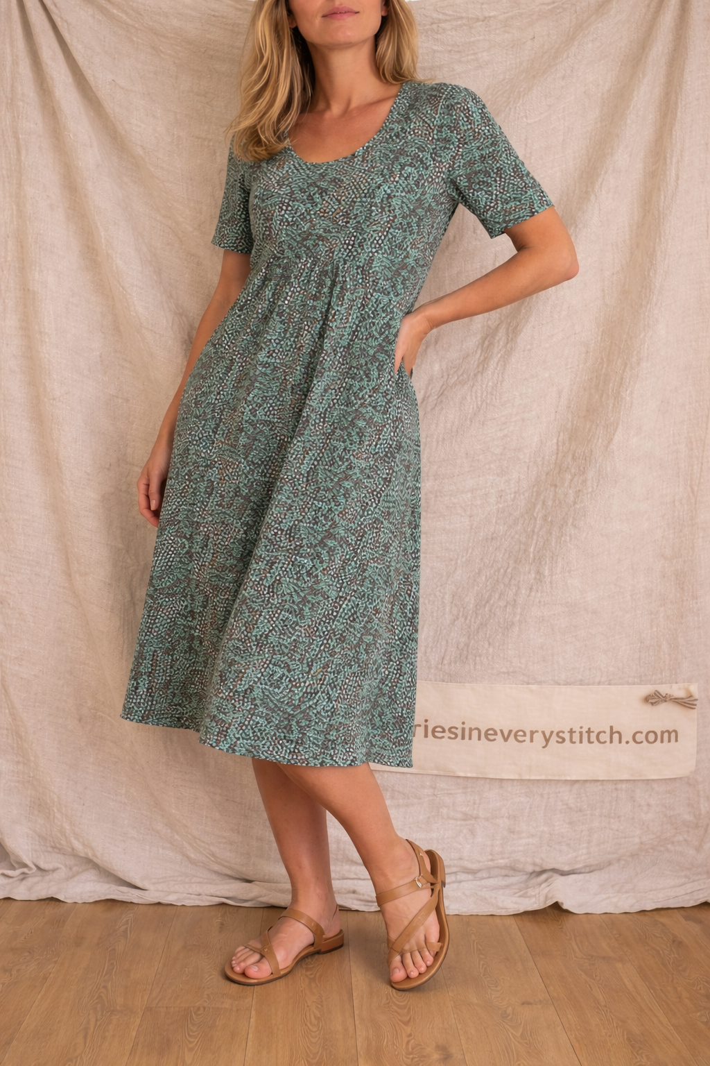 Printed Short Sleeve Midi Dress with Pockets