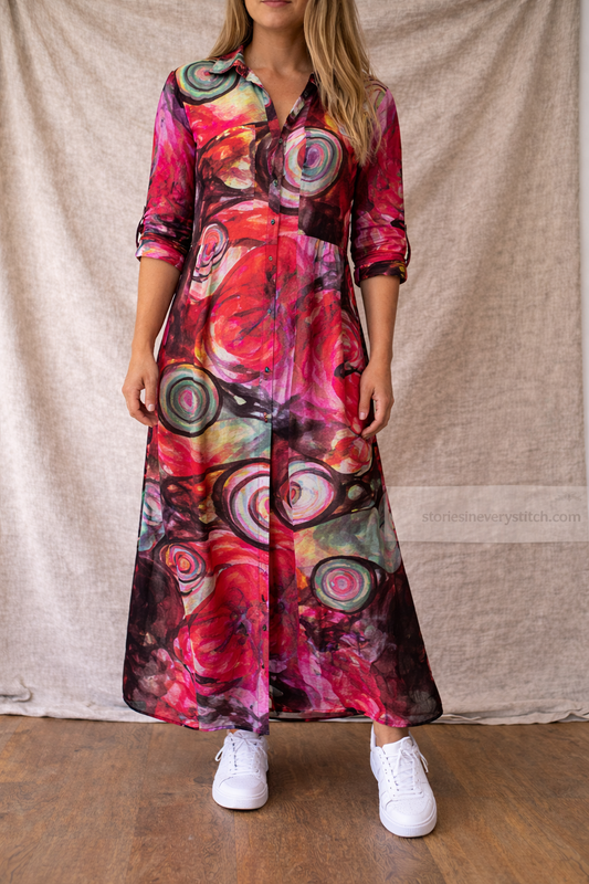 Abstract Canvas Button-Front Maxi Dress