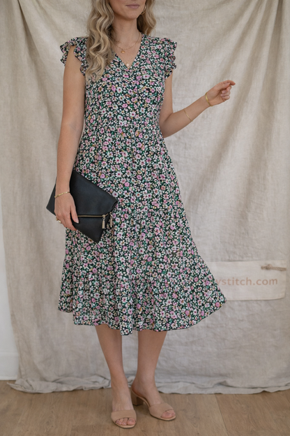 Floral Ruffle Sleeve Midi Dress