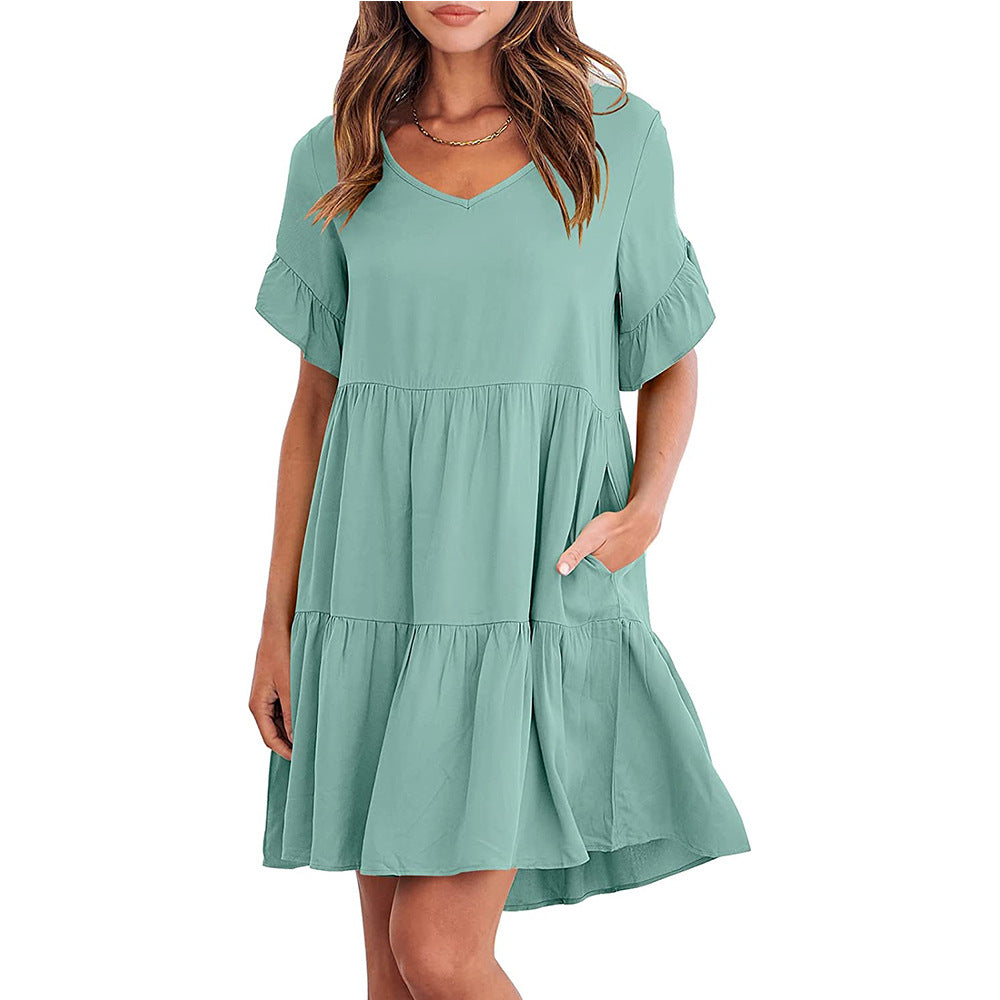 European And American Summer Casual V-neck Little-girl Style Clothes Three-layer Pleated Dress