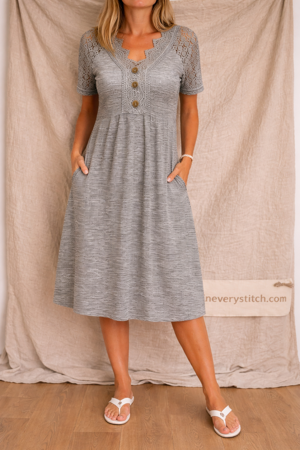 Lace Detail Button Midi Dress