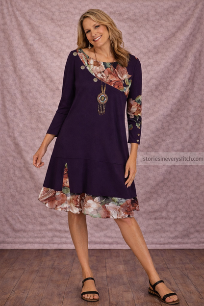 Women’s Floral Patchwork Mini Dress – Long Sleeve Casual Layered Dress