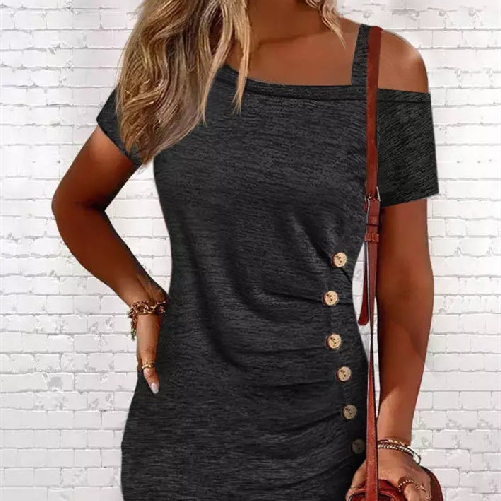 Women's Summer Diagonal Shoulder Buckle Design Sense Dress