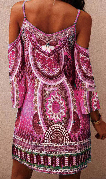 Women's Summer Printed V-neck Hollow-out Short Sleeve Suspenders Dress