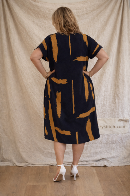 Midnight Brushstroke V-Neck Midi Dress