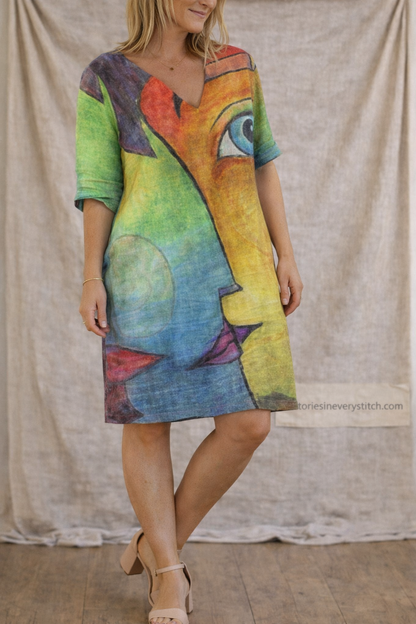 Abstract Mosaic Button Tunic Dress