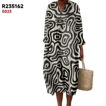 Women's Spring And Summer New Digital Printing Large Width V-neck Long-sleeve Dress