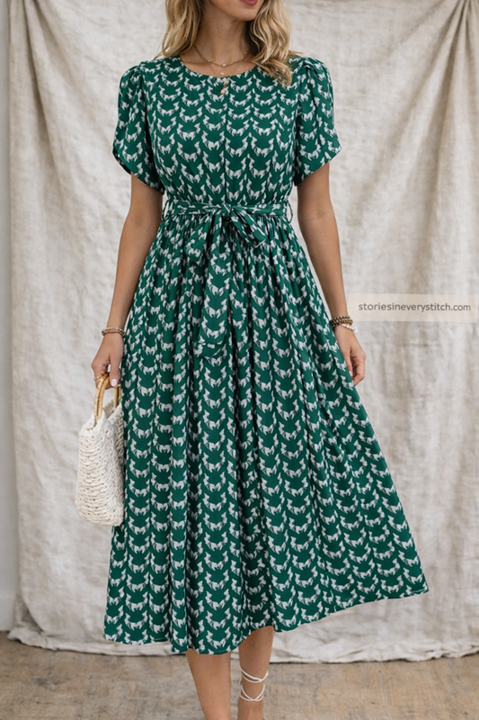 Green Floral Print Tie-Waist Midi Dress