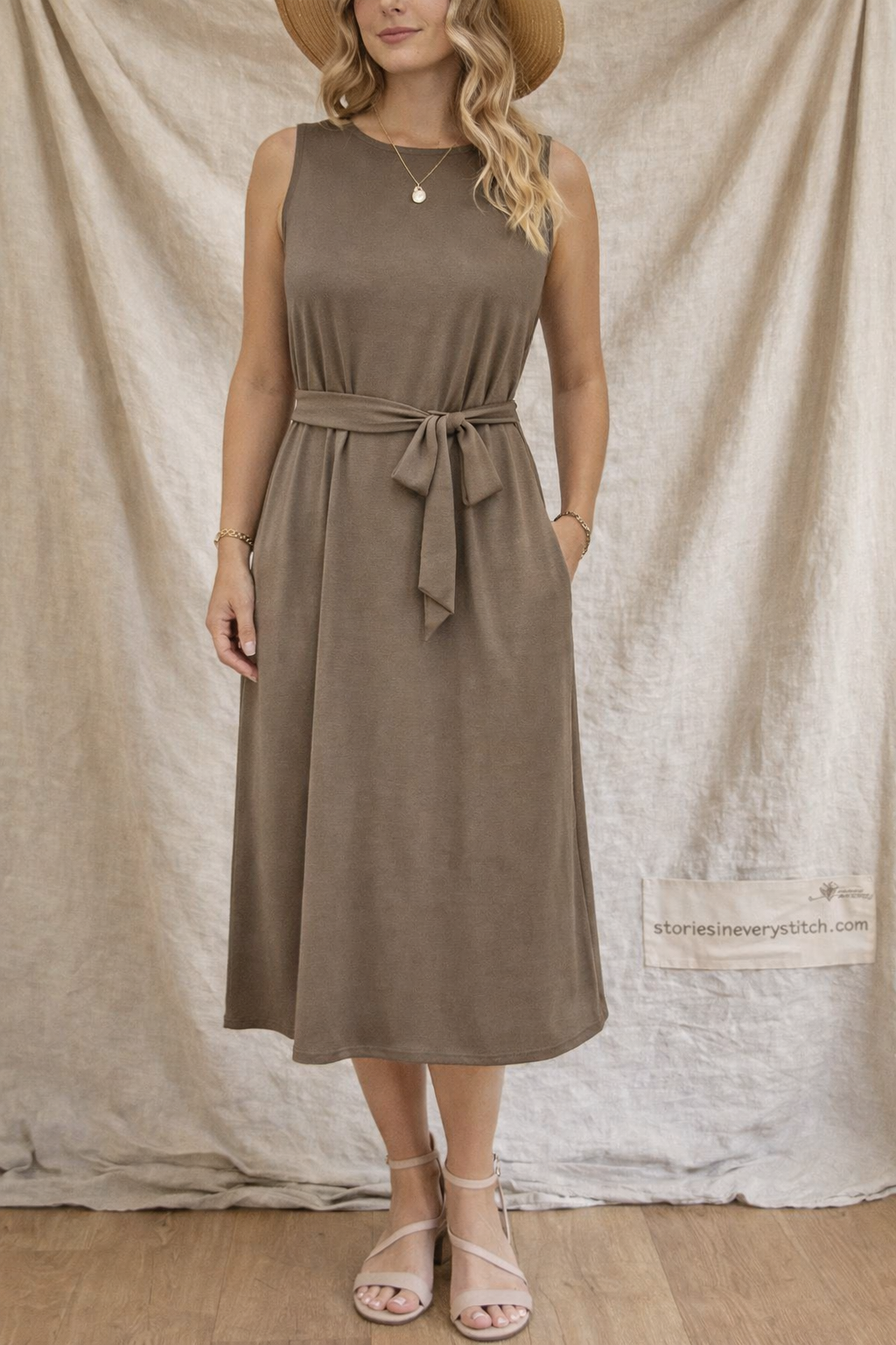 Classic Tie-Waist Sleeveless Midi Dress