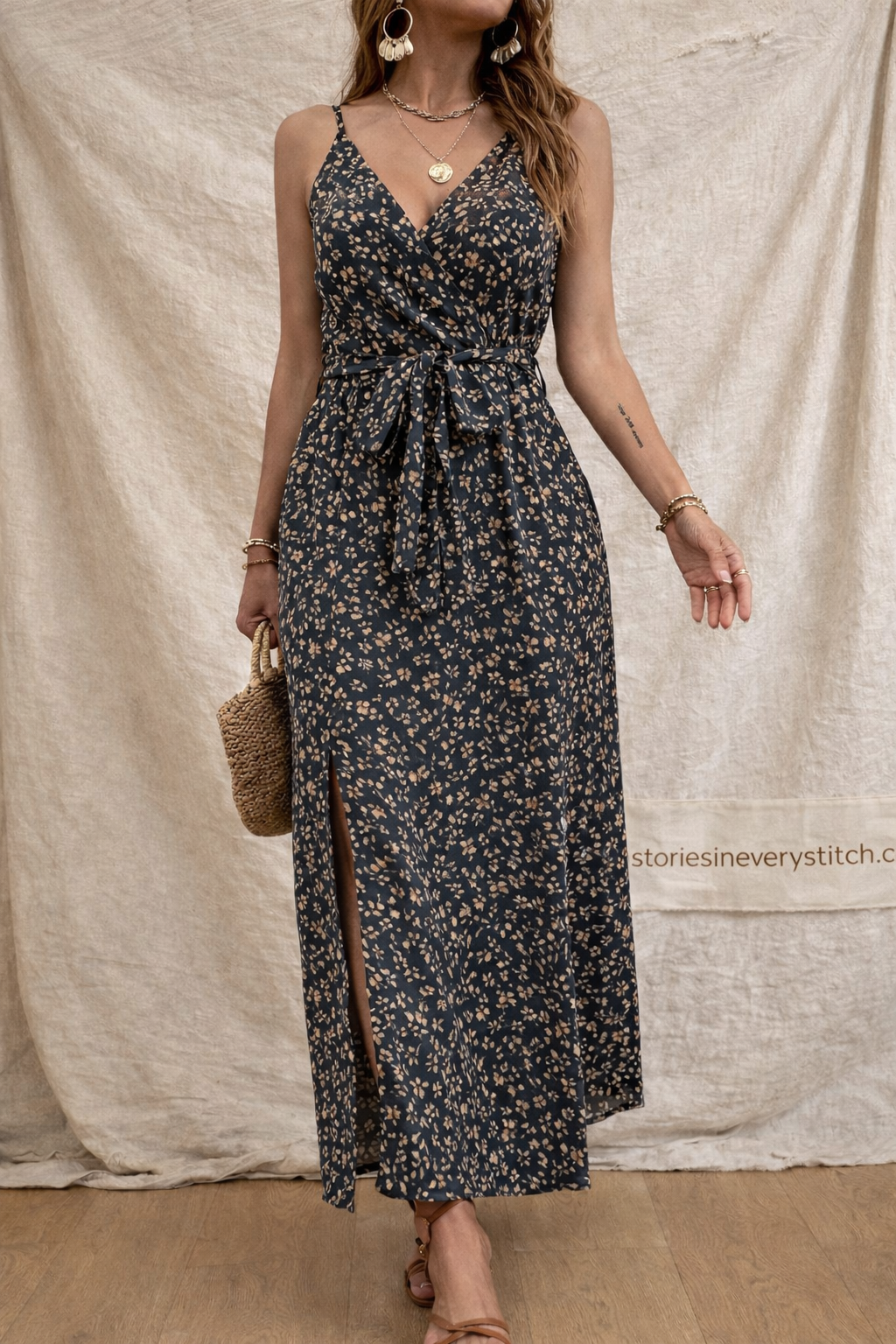 Printed Tie Waist Midi Dress