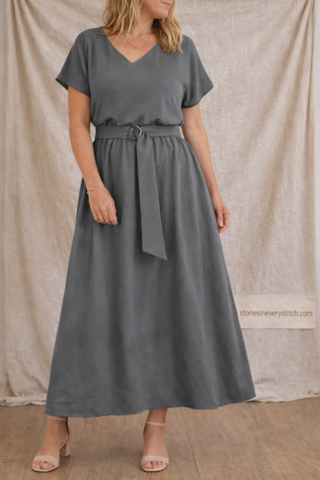 Classic V-Neck Belted Maxi Dress