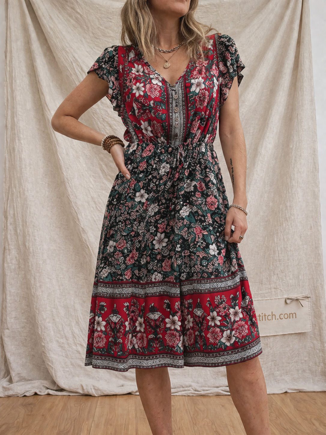Boho Printed Mini Dress with V-Neck and Cap Sleeves – Relaxed Flowy Fit