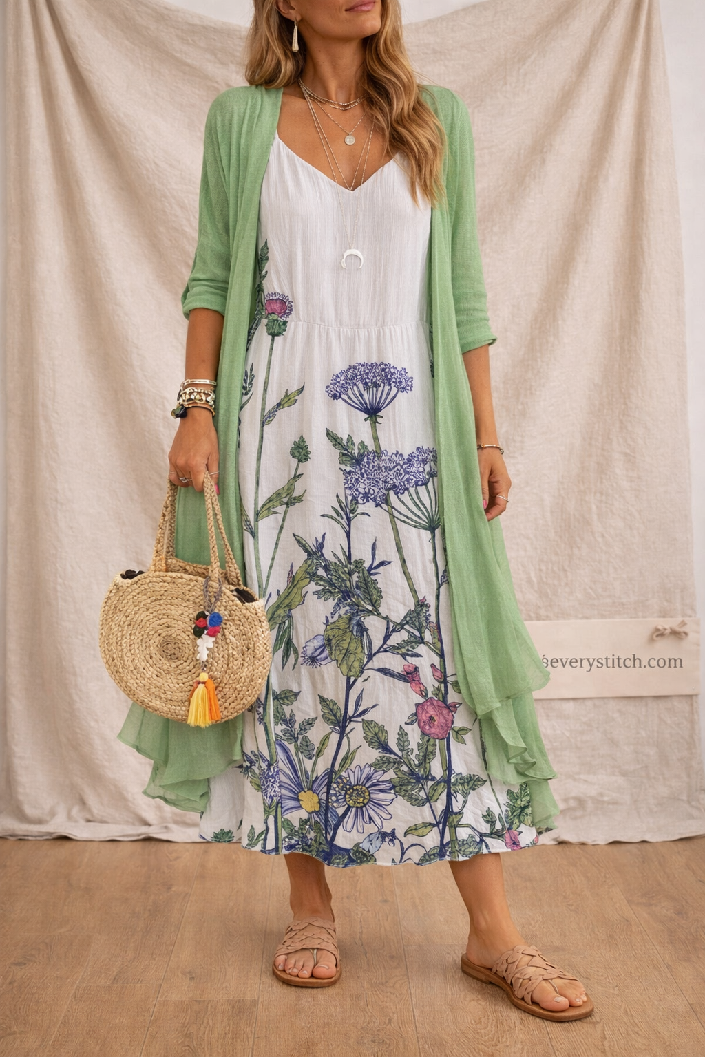 Floral Maxi Dress with Long Sleeves and Open Front Layer – Relaxed Flowy Fit