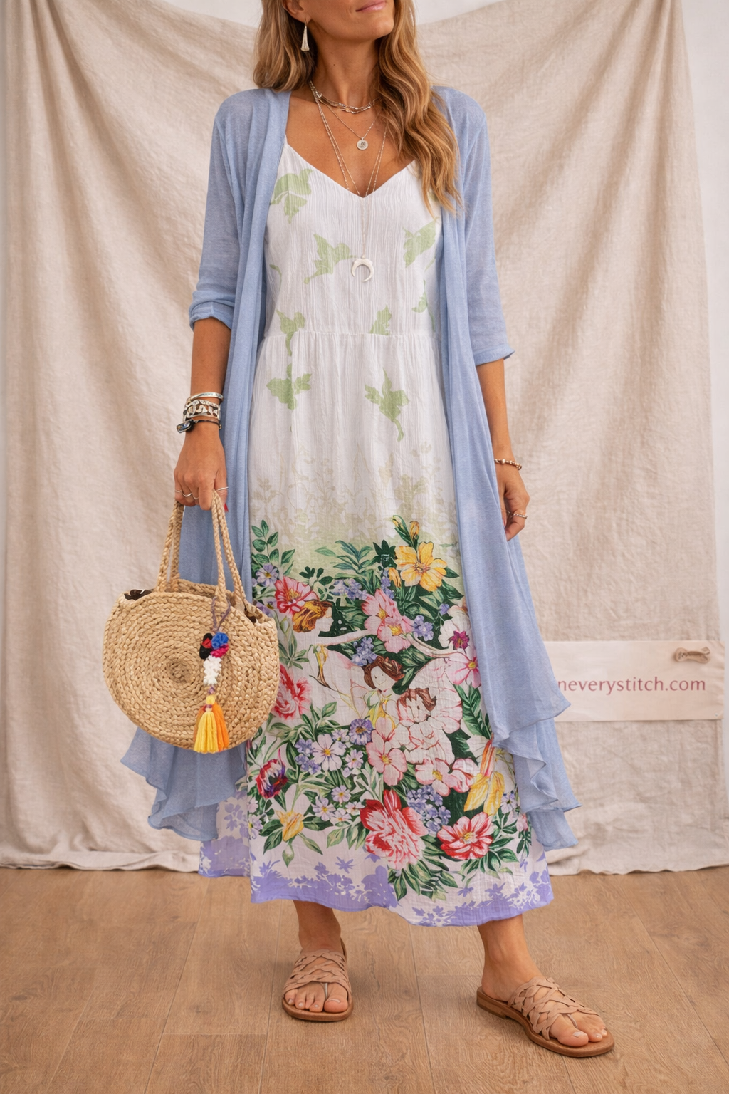 Floral Maxi Dress with Long Sleeves and Open Front Layer – Relaxed Flowy Fit