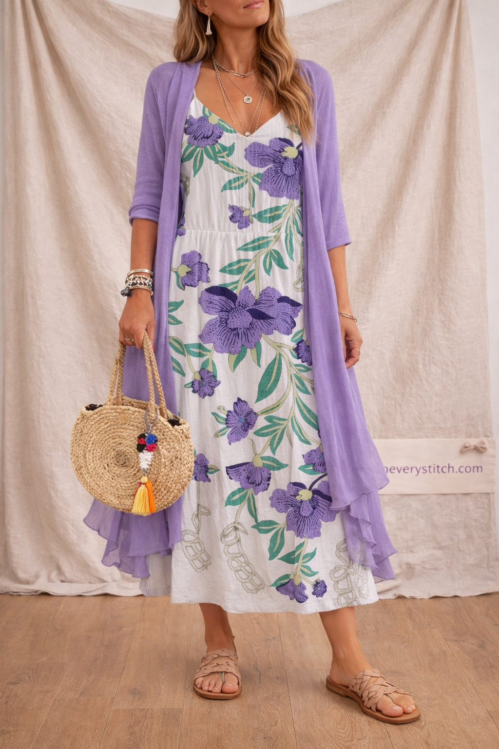 Floral Maxi Dress with Long Sleeves and Open Front Layer – Relaxed Flowy Fit