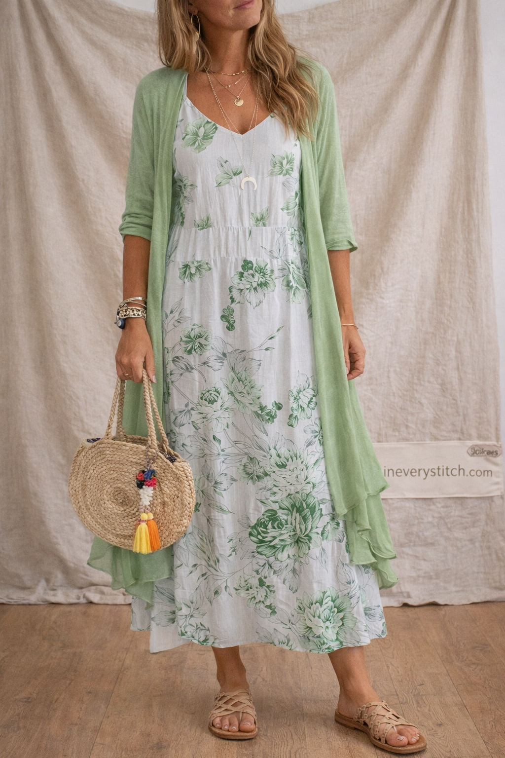 Floral Maxi Dress with Long Sleeves and Open Front Layer – Relaxed Flowy Fit