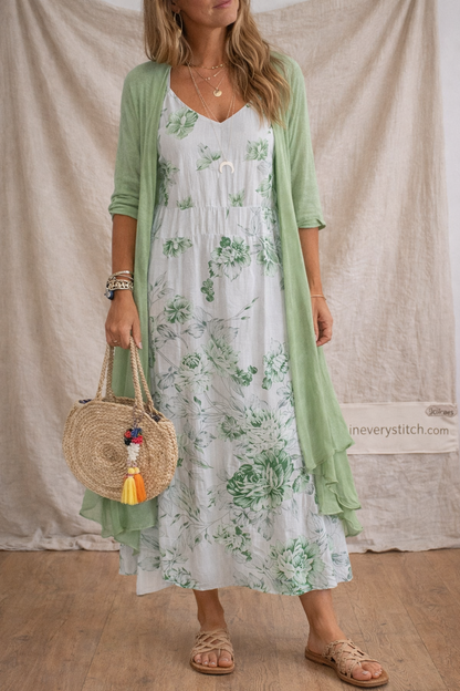 Floral Maxi Dress with Long Sleeves and Open Front Layer – Relaxed Flowy Fit