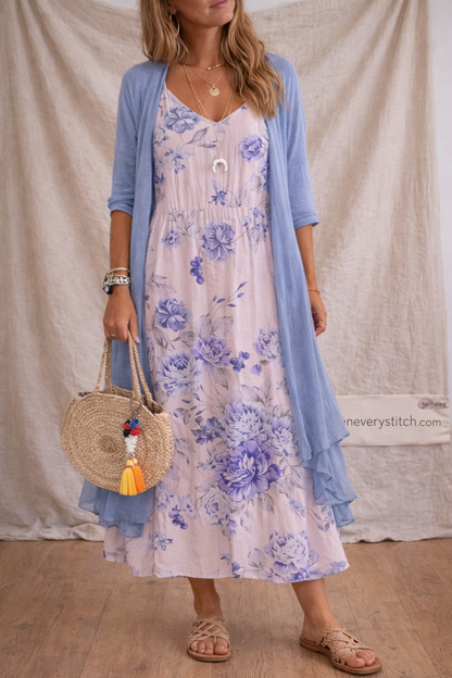Floral Maxi Dress with Long Sleeves and Open Front Layer – Relaxed Flowy Fit