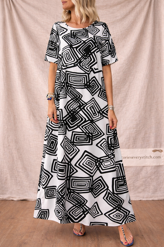 Geometric Print Maxi Dress with Short Sleeves and Round Neck – Relaxed Flowy Fit
