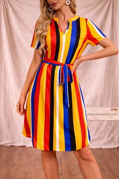 Geometric Print Shirt Dress with Belt and Short Sleeves – Relaxed Flowy Fit