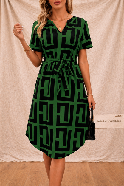 Geometric Print Shirt Dress with Belt and Short Sleeves – Relaxed Flowy Fit