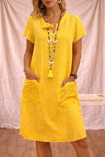 Casual Mini Dress with V-Neck, Short Sleeves and Pockets – Relaxed Fit