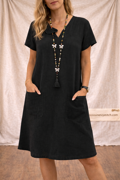 Casual Mini Dress with V-Neck, Short Sleeves and Pockets – Relaxed Fit