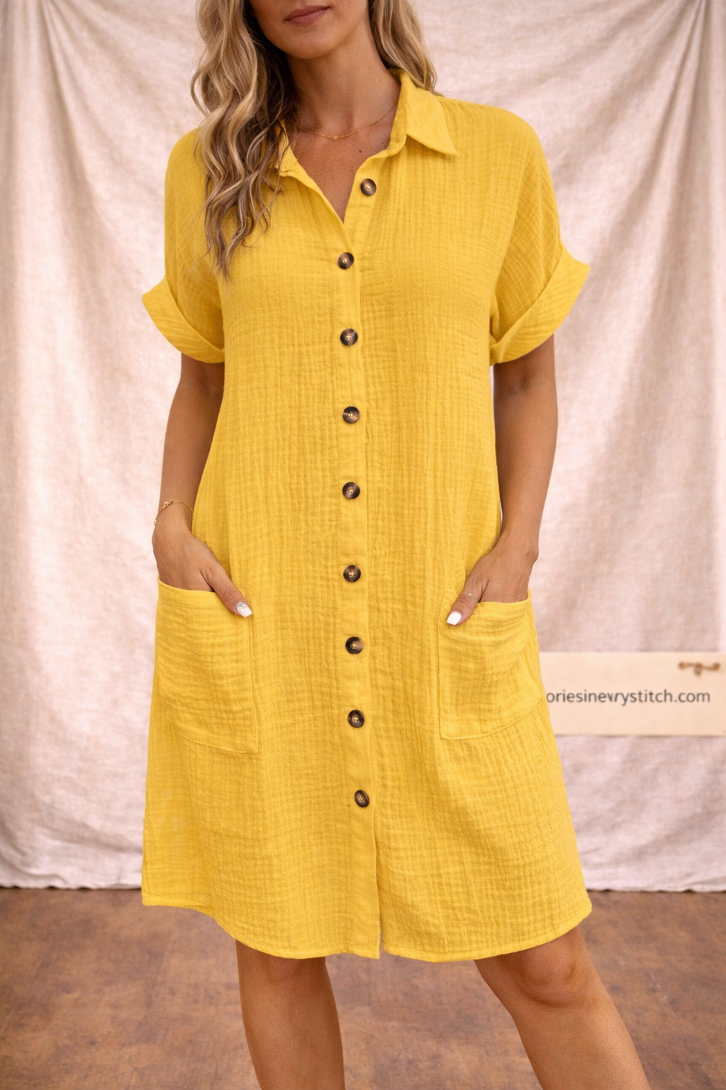 Button Front Shirt Dress with Short Sleeves and Pockets – Relaxed Flowy Fit