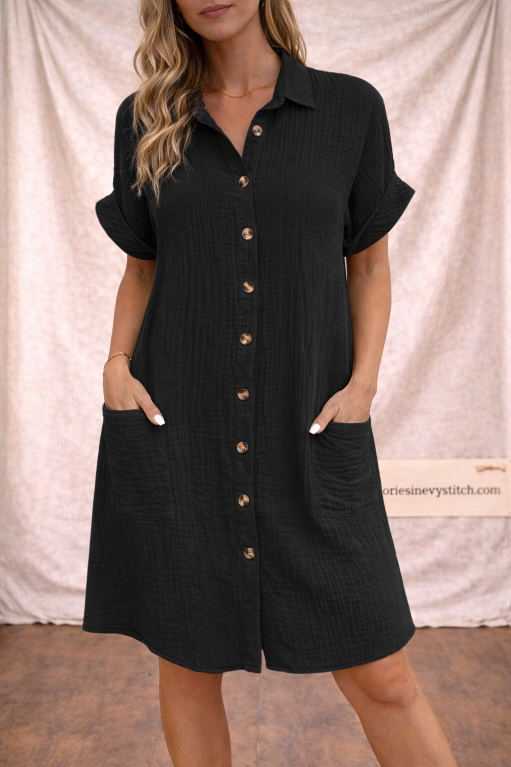 Button Front Shirt Dress with Short Sleeves and Pockets – Relaxed Flowy Fit