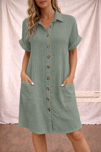 Button Front Shirt Dress with Short Sleeves and Pockets – Relaxed Flowy Fit