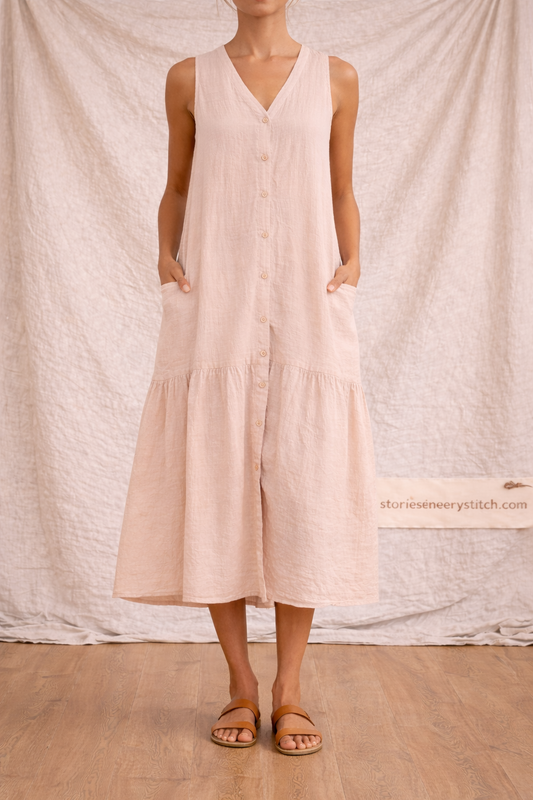 Sleeveless Midi Dress with V-Neck and Button Detail – Relaxed Flowy Fit