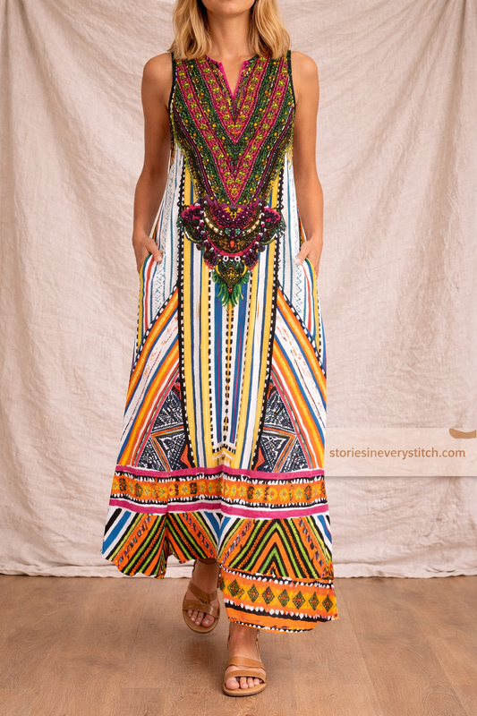 Boho Printed Maxi Dress with Sleeveless V-Neck Design – Relaxed Flowy Fit