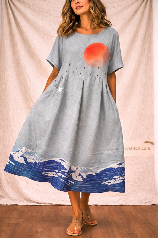 Boho Printed Midi Dress with Short Sleeves and Loose Fit – Relaxed Flowy Fit