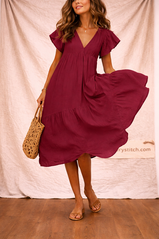 Flowy Midi Dress with V-Neck and Flutter Sleeves – Relaxed Flowy Fit
