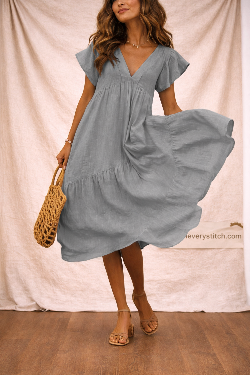 Flowy Midi Dress with V-Neck and Flutter Sleeves – Relaxed Flowy Fit