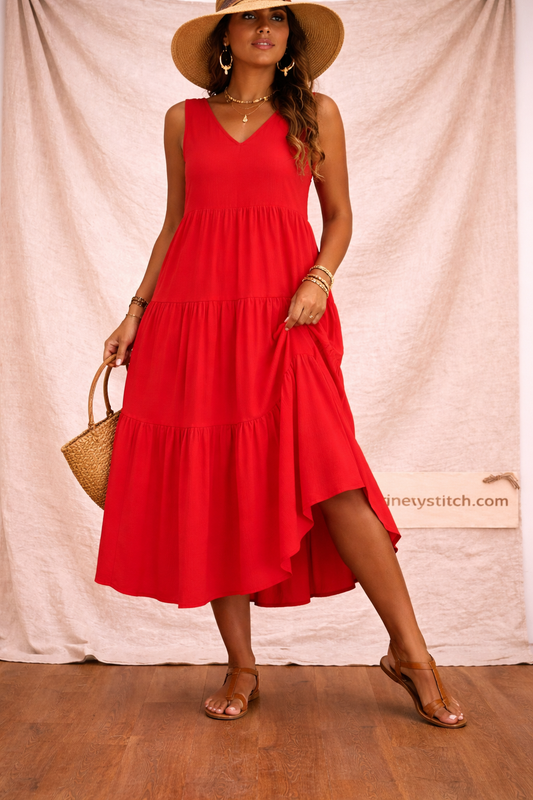 Tiered Midi Dress with V-Neck and Sleeveless Design – Relaxed Flowy Fit