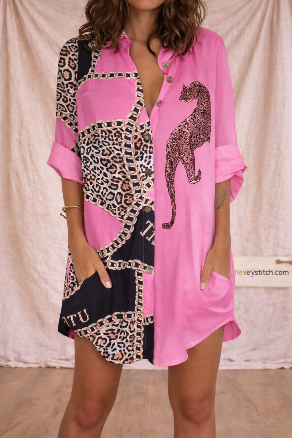 Camo Print Shirt Dress with V-Neck and Roll-Up Sleeves – Relaxed Flowy Fit