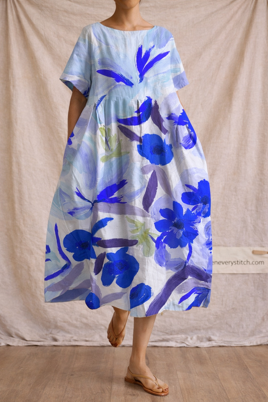 Floral Maxi Dress with Short Sleeves and Round Neck – Relaxed Flowy Fit