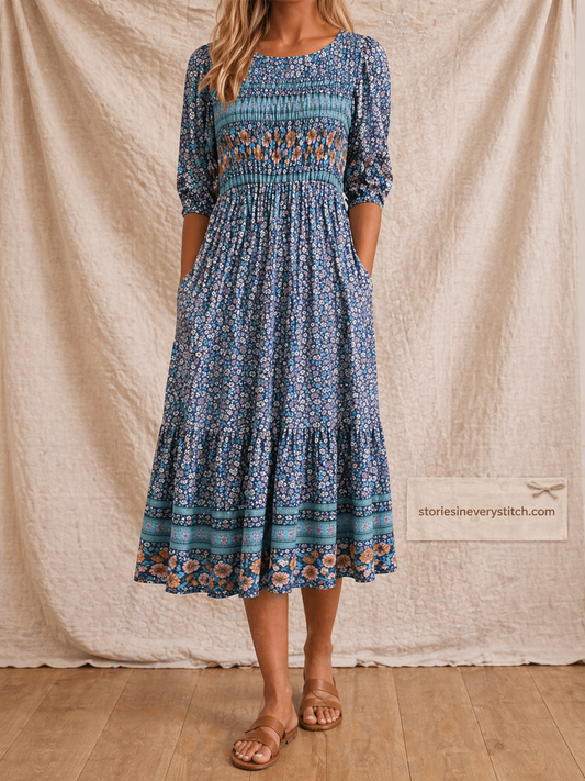 Boho Floral Midi Dress with Three-Quarter Sleeves and Round Neck – Relaxed Flowy Fit