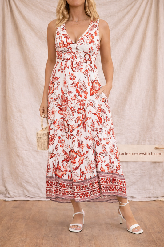 Floral Maxi Dress with Sleeveless V-Neck and Button Detail – Relaxed Flowy Fit
